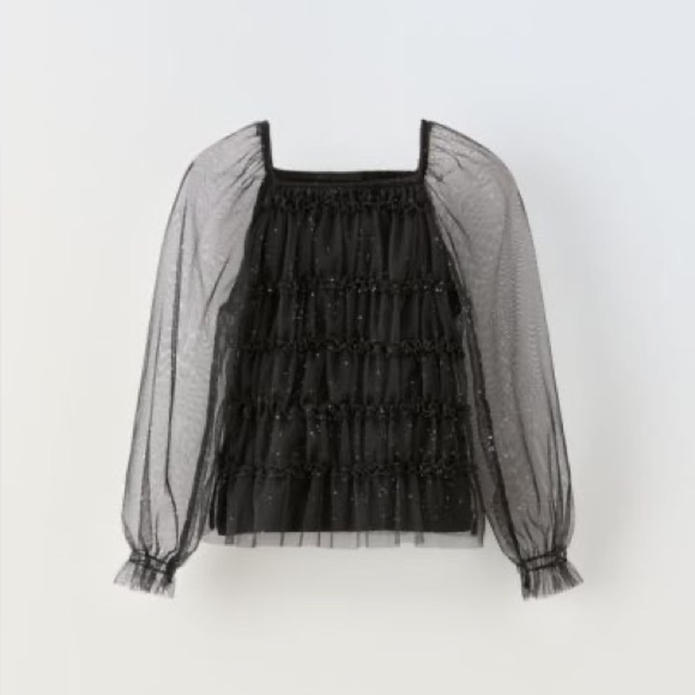 Zara girls glitter black mesh long sleeve top